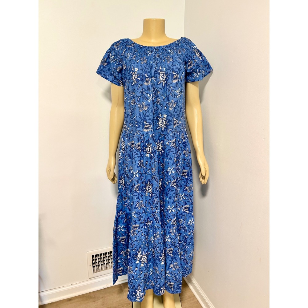 Guadalupe‎ Design Blue Floral Cotton Smocked Maxi Dress Short Sleeve Tiered Boho